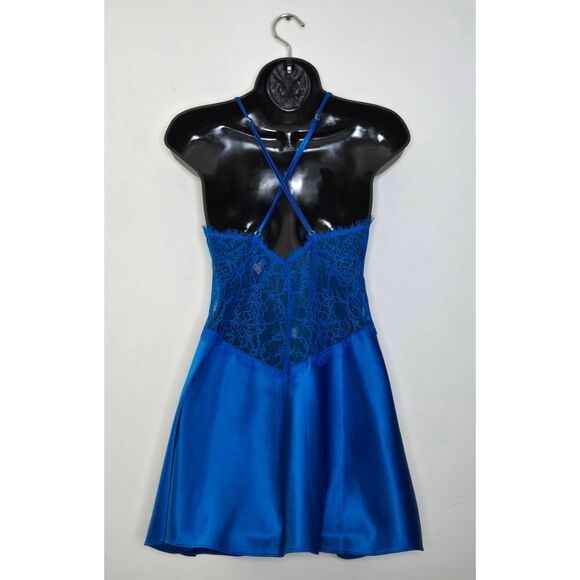 Victorias Secret Slip Size Medium Liquid Satin Lace Mini Cami Dress V Neck Blue - Picture 3 of 5